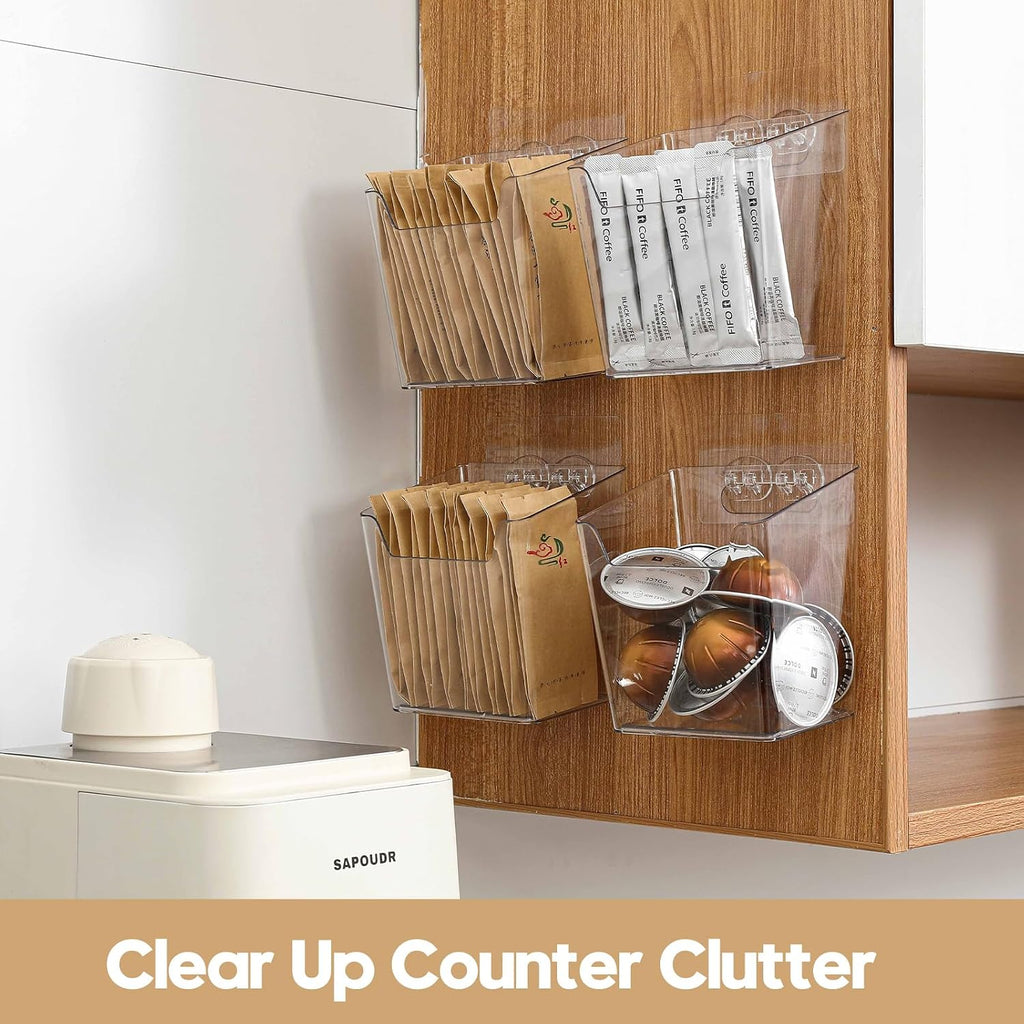 Clear Cabinet Door Organizer Bathroom, 4 Pack Hanging Makeup Storage Brush Holder, Adhesive Storage Bin Versatile Vertical Wall Mount Caddy for Pantry Office Kids' Room Small Items Organization