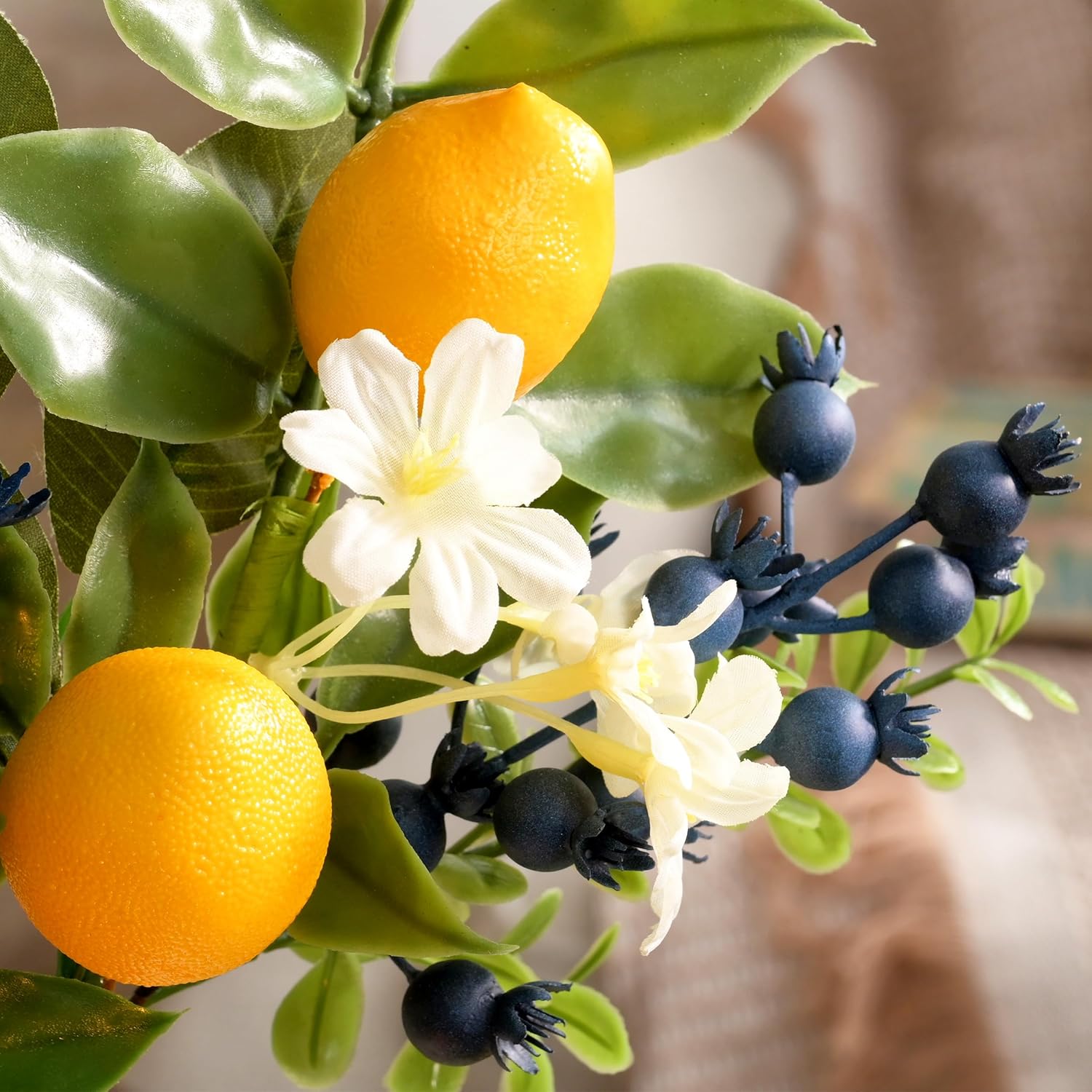 Valery Madelyn 4 Packs Spring Summer Picks with Lemons Blueberry Eucalyptus Leaves, Artificial Fruit Lemon Picks with Greenry, Summer Lemon Branches Decorations for Home Vase Kitchen Table Decor-12''