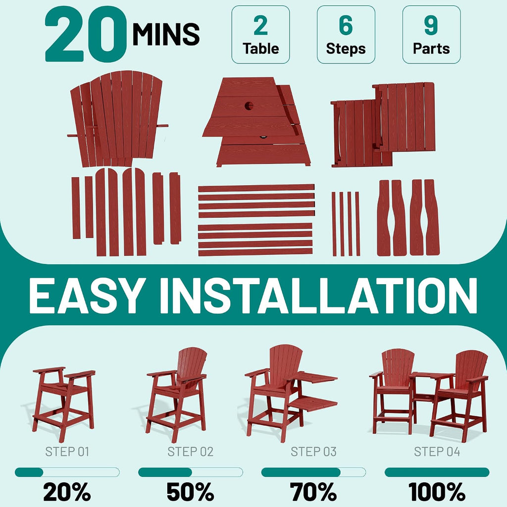 PLUUV Tall Adirondack Chairs Set of 2 with Double Connecting Trays, All Weather HDPE Bar Height Outdoor Chairs, Outdoor Adirondack Barstools with Umbrella Hole for Balcony, Patio, Backyard, Reddish