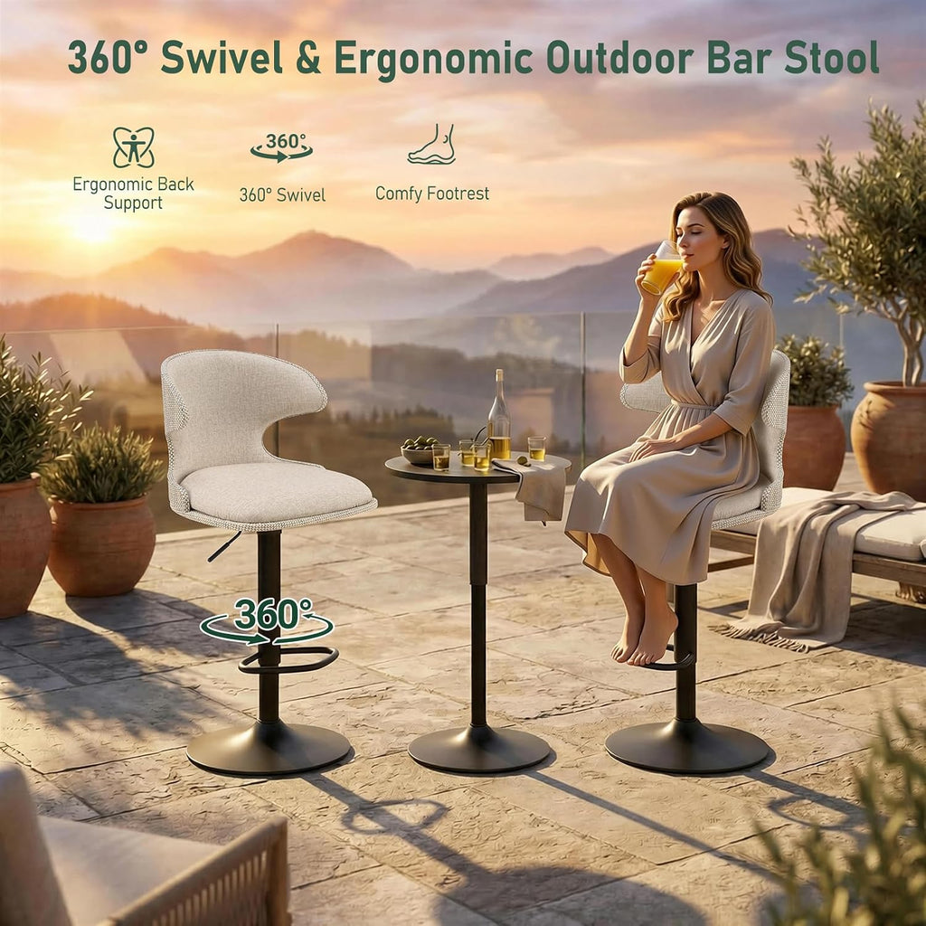 Furnimart Outdoor Bar Stools Set of 2, 360° Swivel Patio Bar Chairs with Adjustable Height & Waterproof Cover, PU Seat & Textilene Mesh Back, Counter & Bar Height Stools for Backyard, Balcony, Beige
