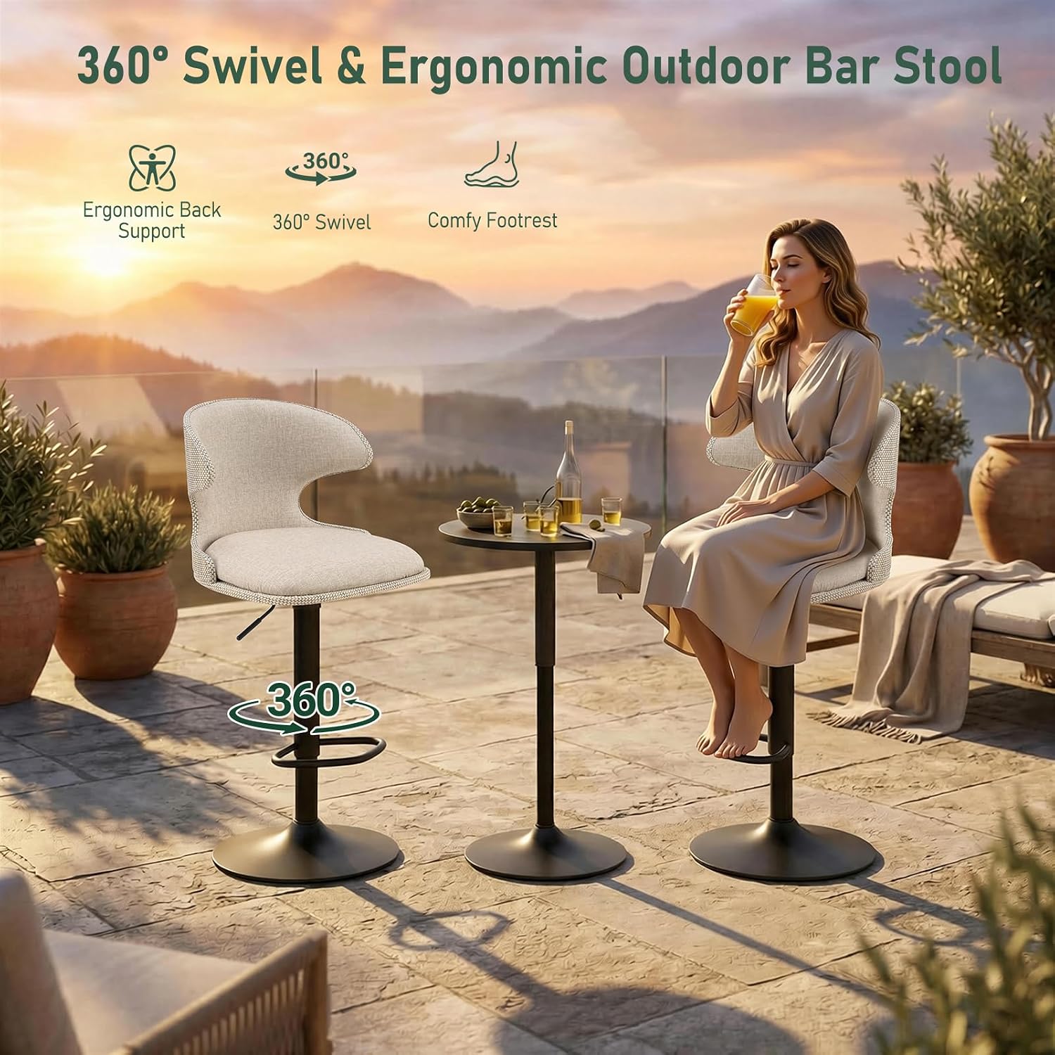 Furnimart Outdoor Bar Stools Set of 2, 360° Swivel Patio Bar Chairs with Adjustable Height & Waterproof Cover, PU Seat & Textilene Mesh Back, Counter & Bar Height Stools for Backyard, Balcony, Beige