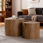Nesting Round Coffee Table Set of 2, Accent End Table for Small Spaces, Morden Drum Side Table, Wooden Circle Center Table for Living Room, Fully Assembled - Light Walnut