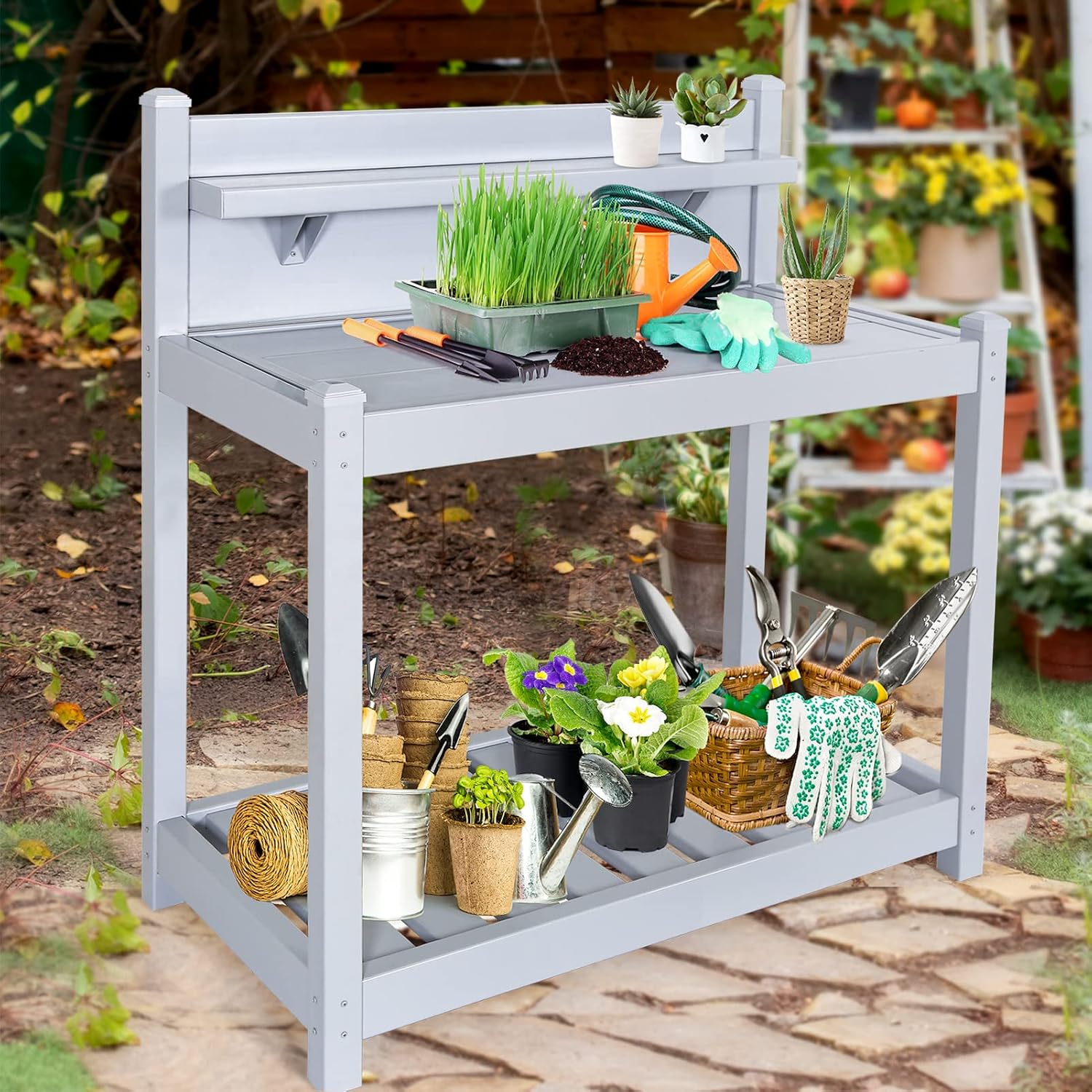EAGLE PEAK Potting Bench, Weatherproof Vinyl Potting Table for Outdoor & Indoor Use, Easy Clean Garden Workstation with Storage Shelves, Gray, 40"