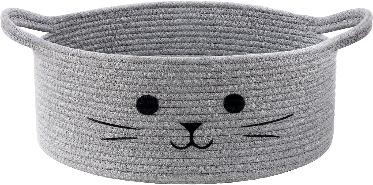 13.8" x 6" Cat Toy Basket, Woven Basket for Living Room Home Décor, Medium Empty Gift Baskets for Nursery, Cotton Rope Baskets for Cats Bed, Grey