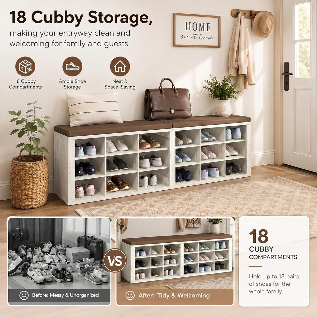 AMONIDA Shoe Storage Bench with Cushion, Entryway Bench with Shoe Storage,18 Cubby Shoe Bench with Removable Dividers, Shoe Organizer Bench for Entryway, Living Room, Light Grey (18, Light Wood)