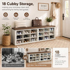 AMONIDA Shoe Storage Bench with Cushion, Entryway Bench with Shoe Storage,18 Cubby Shoe Bench with Removable Dividers, Shoe Organizer Bench for Entryway, Living Room, Light Grey (18, Light Wood)