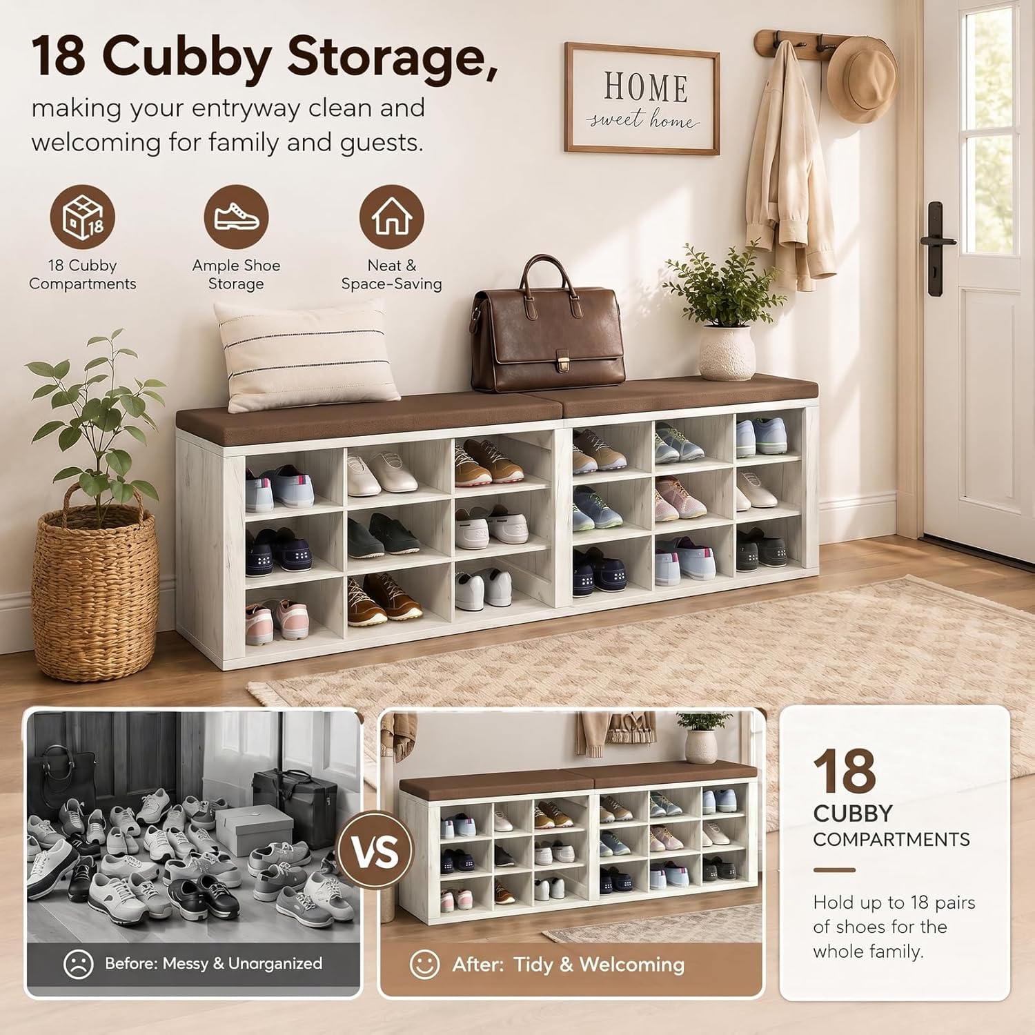 AMONIDA Shoe Storage Bench with Cushion, Entryway Bench with Shoe Storage,18 Cubby Shoe Bench with Removable Dividers, Shoe Organizer Bench for Entryway, Living Room, Light Grey (18, Light Wood)