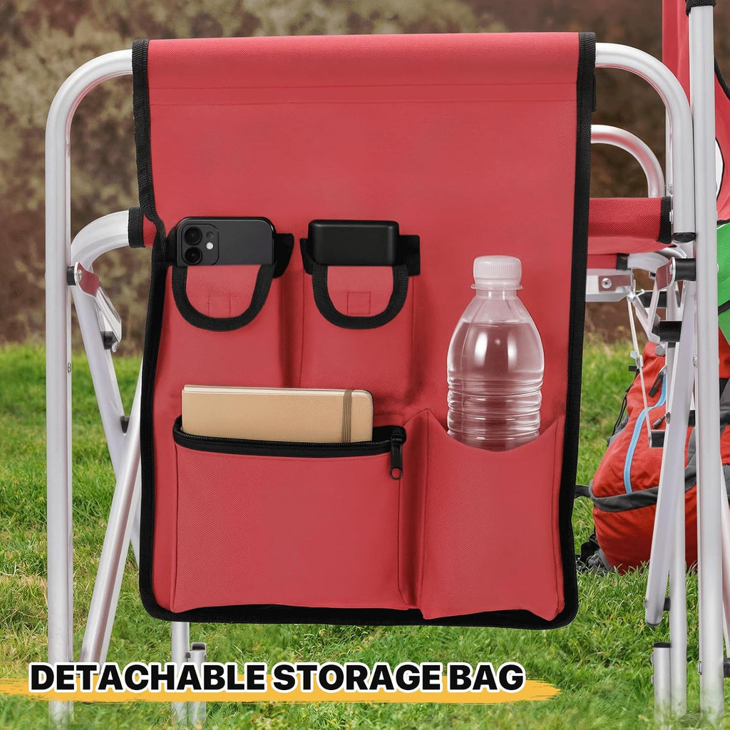 MoNiBloom 44.5" Foldable Tall Director Chair Folding Portable Aluminum Frame Makeup Artist Chair, with Side Table, Cup Holder and Pockets, 250lbs Capacity (Set of 2, Red)