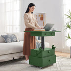 High Gloss Rolling Lift Top End Table with Charging Station, Height Adjustable Mobile Side Table with Storage Drawer and Lockable Wheels, Space-Saving Nightstand for Living Room Bedroom, Green