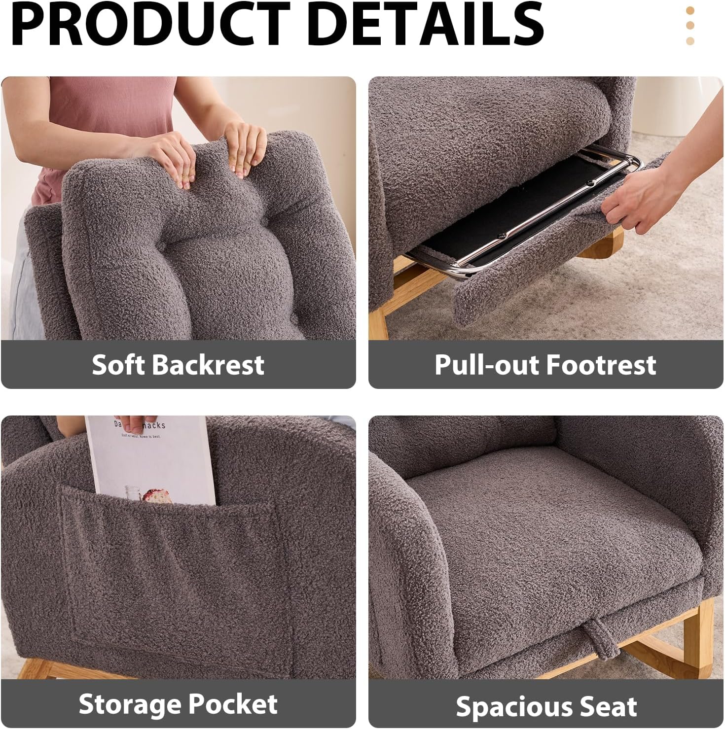 Nursery Rocking Chair with Retractable Footrest,Accent Rocker for Relaxing, Side Pocket,A+ Grade Rubber Wood,Suitable for Living Room,Bedroom and Balcony (Teddy Fleece, Dark Gray)