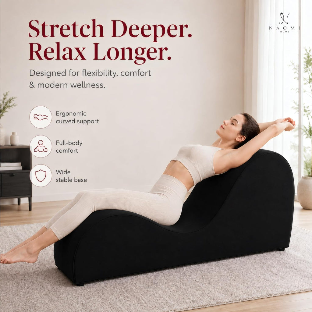 Naomi Home Yoga Chair for Adults - Ergonomic Yoga Chaise Lounge Bench, Wood & Metal Frame, 330 lb Capacity, Upholstered Microfiber Lounge for Deep Stretching, Relaxation & Creative Comfort - Black
