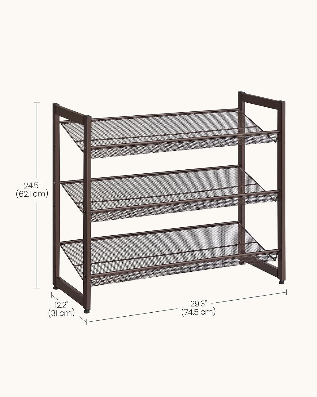 SONGMICS HOME 3-Tier Stackable Shoe Rack, Metal Shoe Organizer for Closet, Entryway, Garage, Flat or Slanted Mesh Shelves, Brown