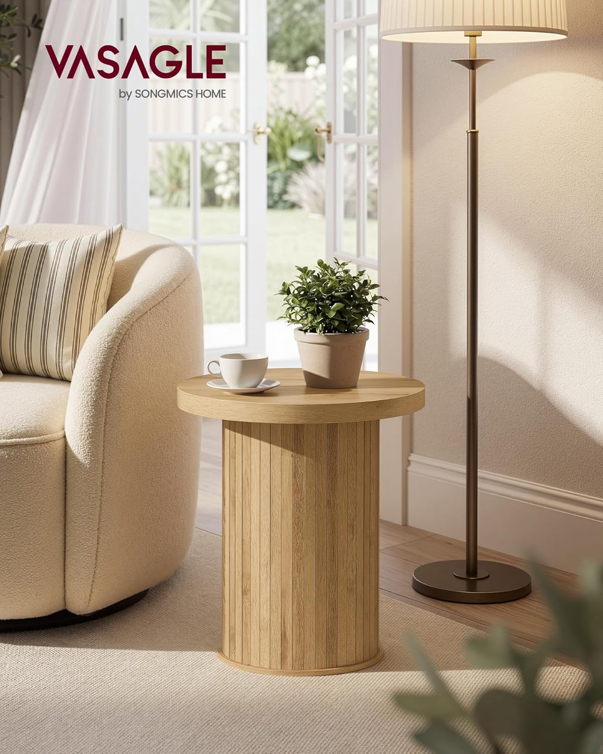 VASAGLE Round Side Table, Tambour End Table, Mid Century Modern Nightstand, Easy Assembly, for Small Spaces, Living Room, Bedroom, Home Office, 17.7 x 19.7 Inches, Natural Brown ULET295K101