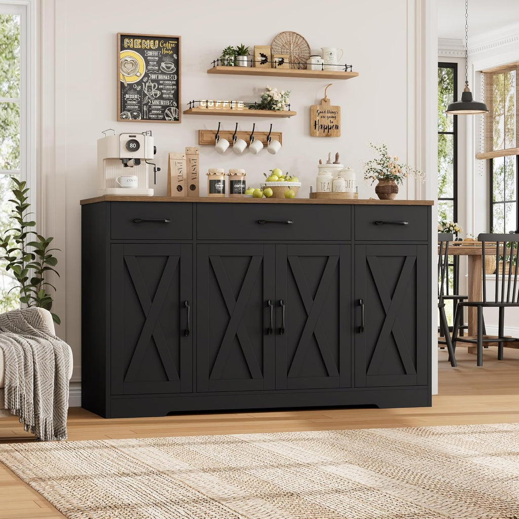 HOSTACK Buffet Sideboard Cabinet with Drawers, 55" Large Buffet Storage Cabinet with Shelves and Doors, Modern Farmhouse Coffee Bar Station for Kitchen, Dining Room, Black/Rustic Brown