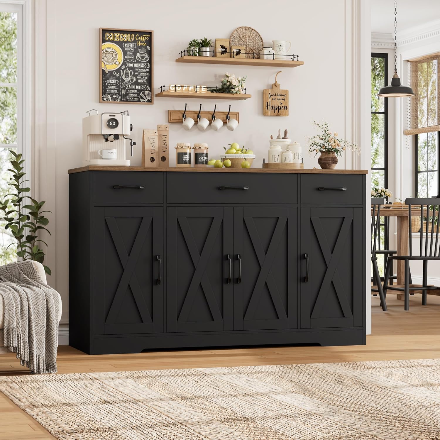 HOSTACK Buffet Sideboard Cabinet with Drawers, 55" Large Buffet Storage Cabinet with Shelves and Doors, Modern Farmhouse Coffee Bar Station for Kitchen, Dining Room, Black/Rustic Brown