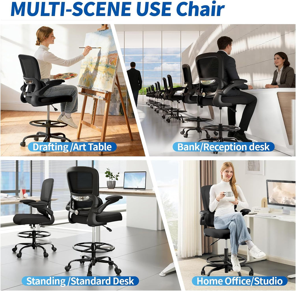 TRALT Drafting Chair - Tall Office Chair for Standing Desk - High Office Chair with Adjustable Footrest Ring Lumbar Support - Tall Office Chairs for Home Office with Flip-Up Armrests (Black)