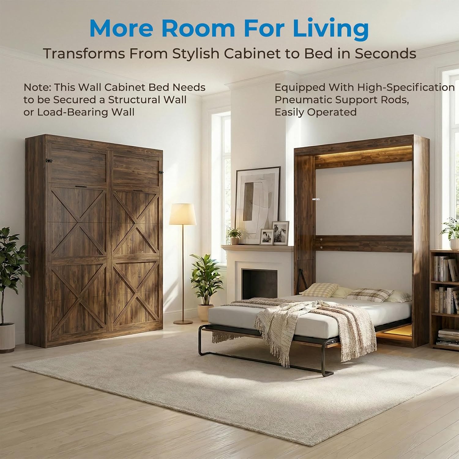 Mjkone Cabinet Beds Queen Size, Hidden Murphy Wall Bed, 64.6" W Queen Murphy Cabinet Chest Beds with 16 Colors of LED Lights, Space-Saving Design Guest Bed for Apartment, Offices, Small Space, Brown
