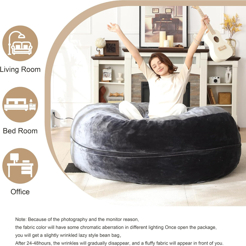 Bean Bag Chair for Adults Soft Comfy Bean Bag for Adults, Cozy Reading Chair, Large Round Bean Bag Couch, Versatile Living Room & Bedroom Chairs (Grey, 5FT)