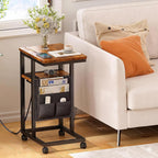 C Shaped End Table with Charging Station, Adjustable Height with Lockable Wheels & Storage Pouch, Rolling Side Table Slide Under Couch Laptop Desk, Small Sofa Table for Living Room (Small)