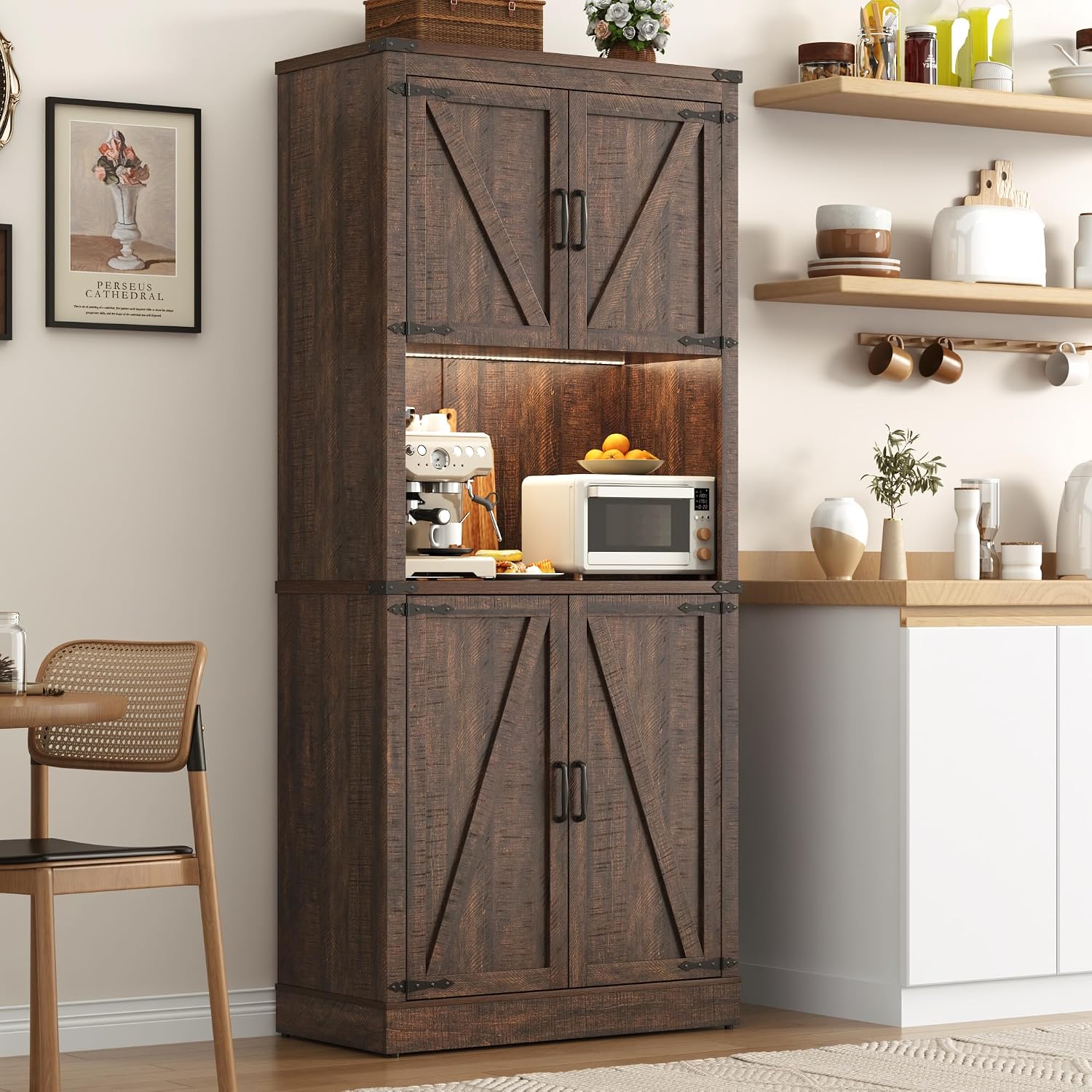 72" Tall Farmhouse Kitchen Pantry Cabinet with LED Light and Power Outlet,Modern Farmhouse Kitchen Storage Cabinet w Load-Bearing Steel Pipe,Barn Doors, Organizer,Food Pantry Cabinets(Rustic Brown)