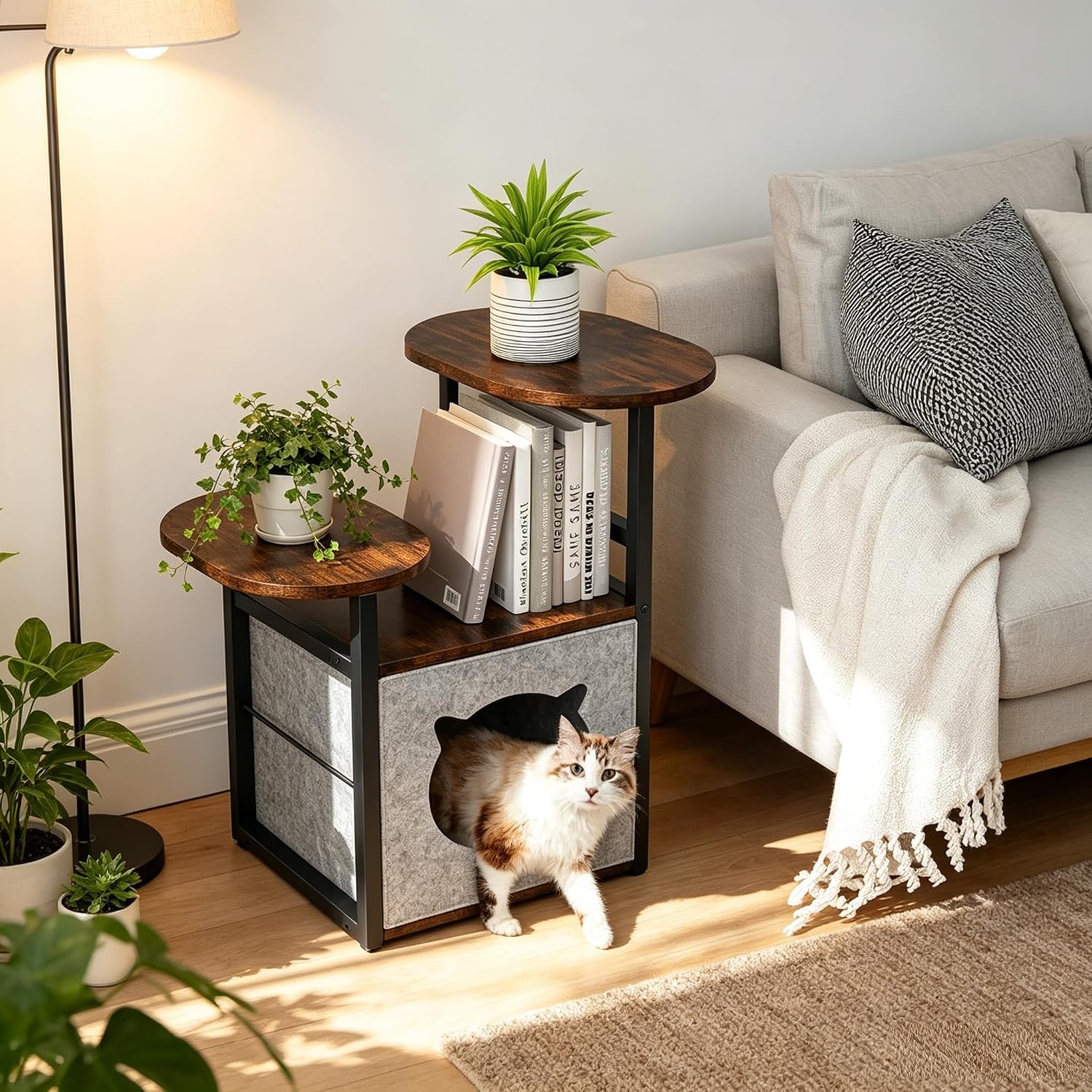 Turosur Farmhouse Cat Bed Table, Round End Table with Removable Cat Shelter, Flip Top Bedside Table with 3-Tier Storage for Living Room Bedroom