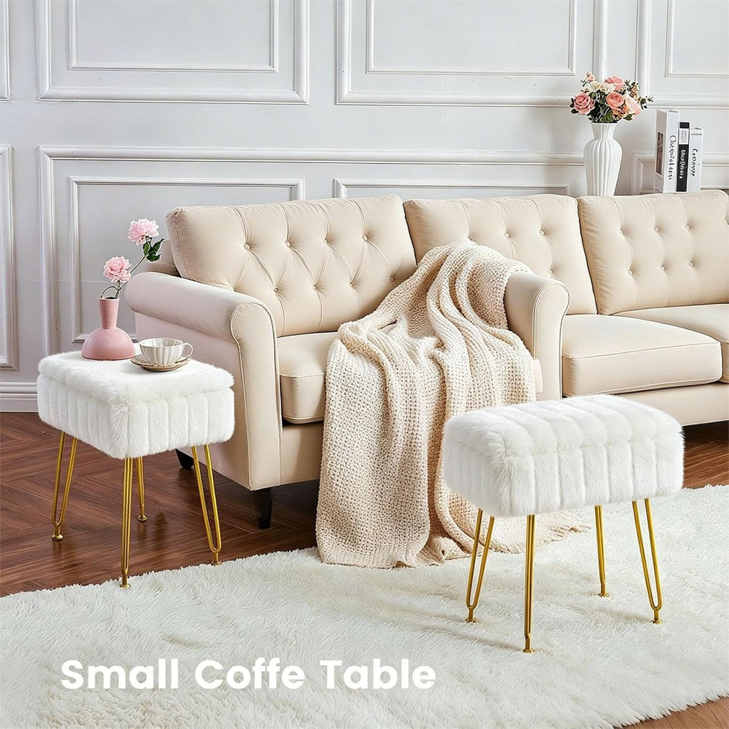 FUXA Vanity Stool Chair with Storage, White Faux Fur Makeup Chair with 4 Metal Legs and Anti-Slip Feet, Soft Padded Seat, Small Footrest Footstool Ottoman, Multifunctional Stool for Bedroom