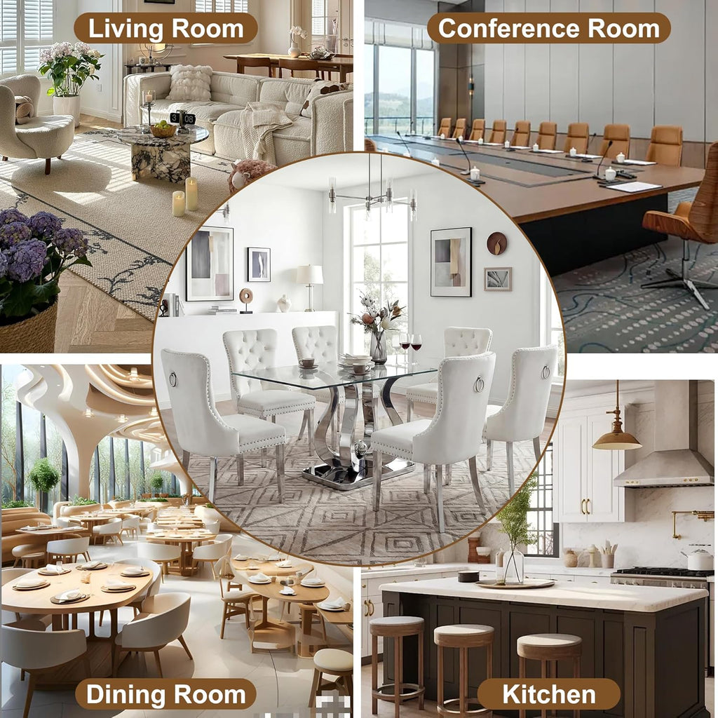 AF ARTISAN FURNITURE 69" Modern Tempered Glass Dining Table for 6-8, Rectangular Glass Kitchen Table with Mirror Stainless Steel Petal Base,Silver Dining Table for Dining Room, Apartment