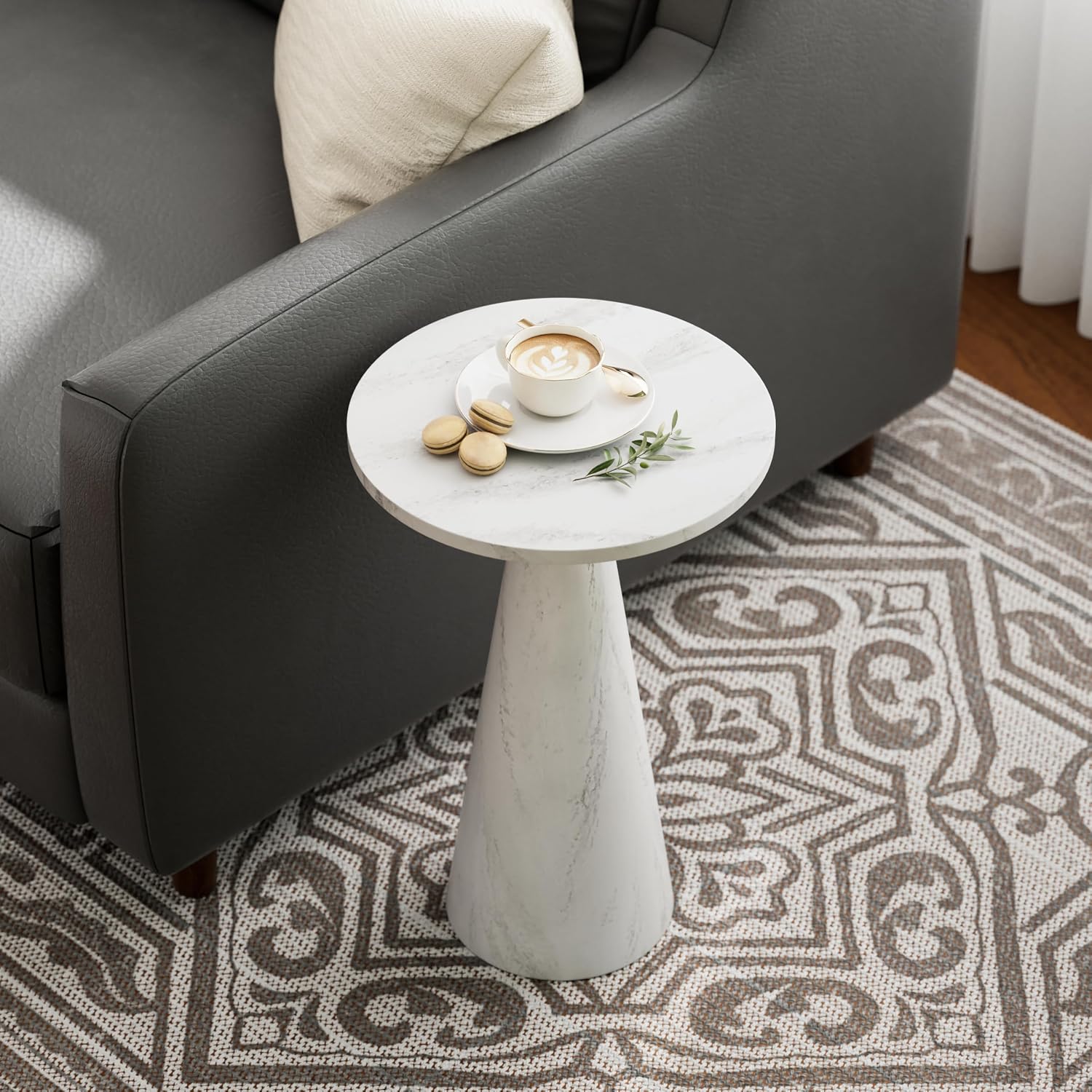COZAYH Modern Pedestal End Table Round Wood Martini Table, Plant Stand Drink Table for Small Spaces, White Marble Colour