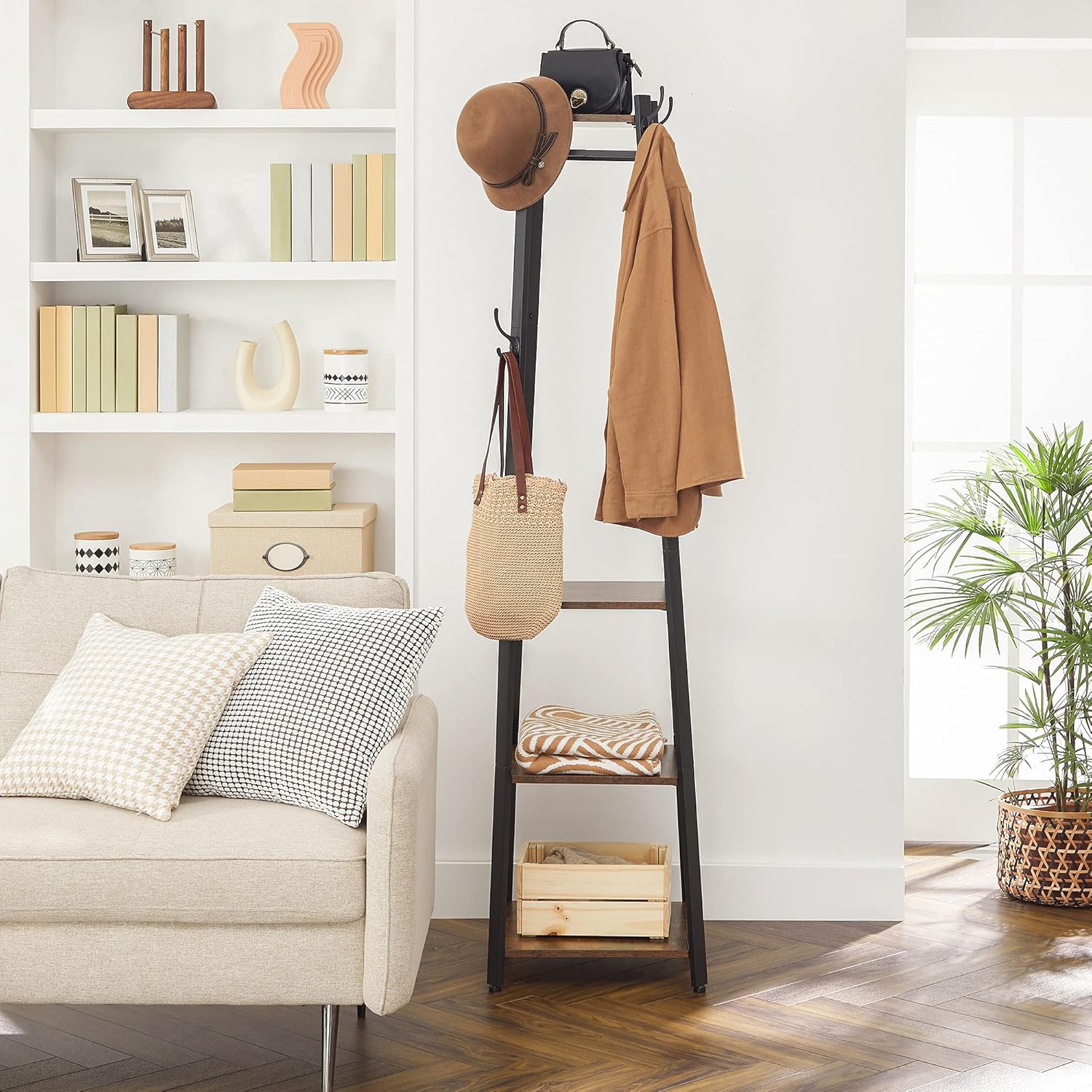 VASAGLE Coat Rack, Coat Stand with 3 Shelves, Hall Tree Free Standing with Hooks for Scarves, Bags, Umbrellas, Steel Frame, Industrial Style, for Entryway, Living Room, Rustic Brown and Black ULCR80X