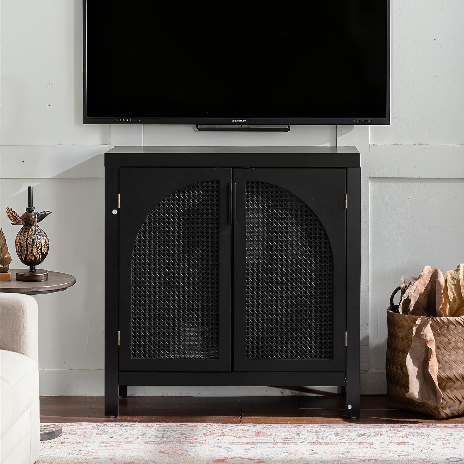 Black 28.94“W Buffet Cabinet with Storage, Accent Sideboard with Rattan Doors, Coffee Bar Table Credenza, Console Table with Adjustable Shelves for Dining Room, Kitchen and Hallway