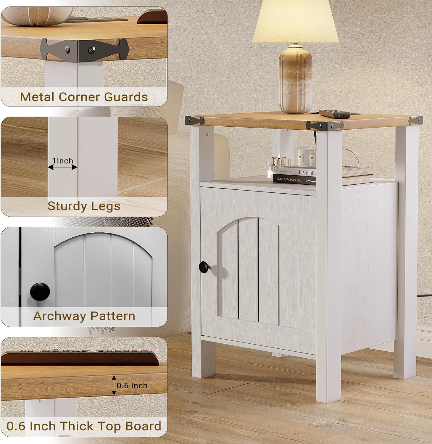 Farmhouse End Tables Set of 2 with Charging Station, White Nightstands with USB Ports & AC Outlets, Side Tables with Storage Cabinet and Open Shelf for Bedroom, Living Room, Apartment, 2026, Modern