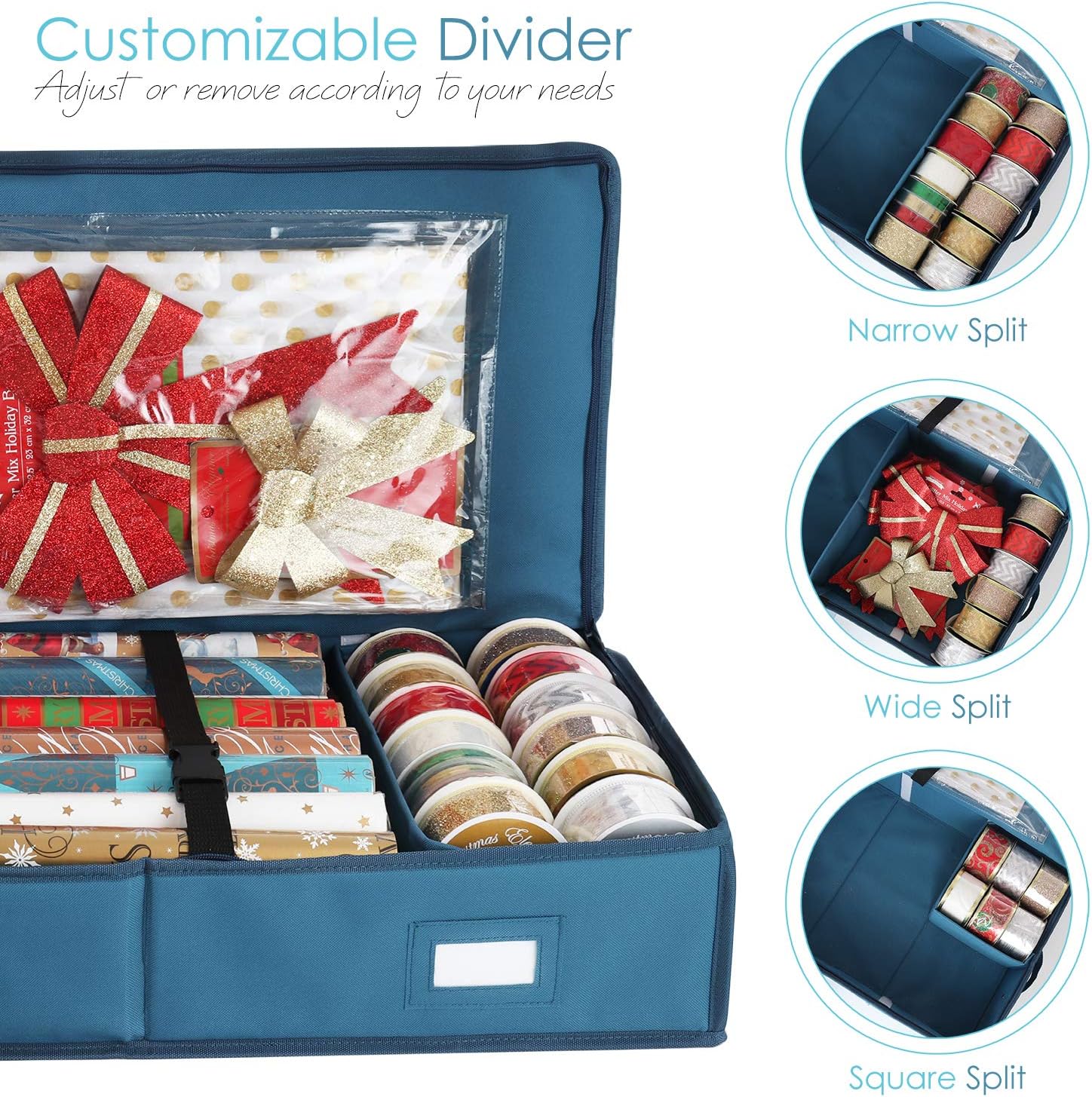 Hearth & Harbor Wrapping Paper Storage Container and Clear Wrap Paper Holder - Christmas Storage Bag with Interior Pockets - Fits Up to 36 Rolls of 40" - Tear Proof, Blue