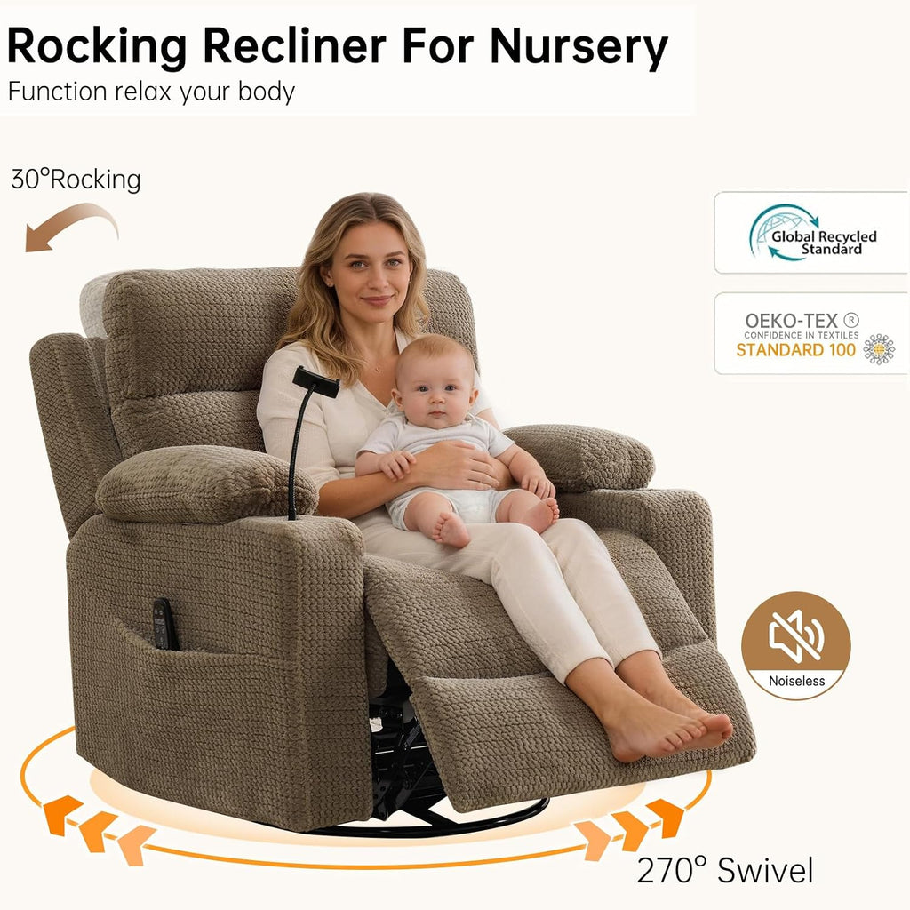 Power Swivel Rocker Recliner Chair with Massage & Heat, 26'' Oversized Glider Recliner Nursery Chair with Adjustable Headrest,Dual Motor Electric Recliner Chairs for Adults,Infinite Position,Camel