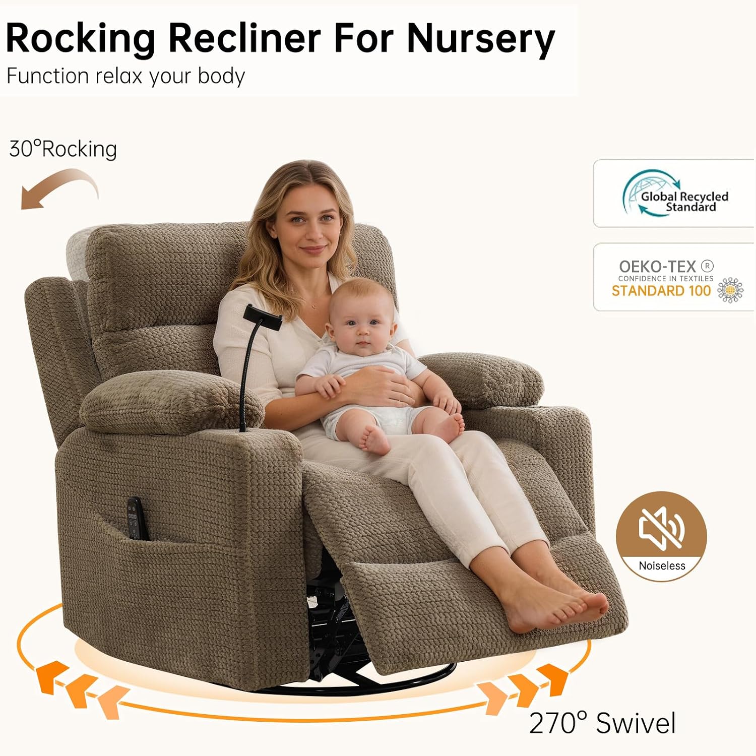 Power Swivel Rocker Recliner Chair with Massage & Heat, 26'' Oversized Glider Recliner Nursery Chair with Adjustable Headrest,Dual Motor Electric Recliner Chairs for Adults,Infinite Position,Camel