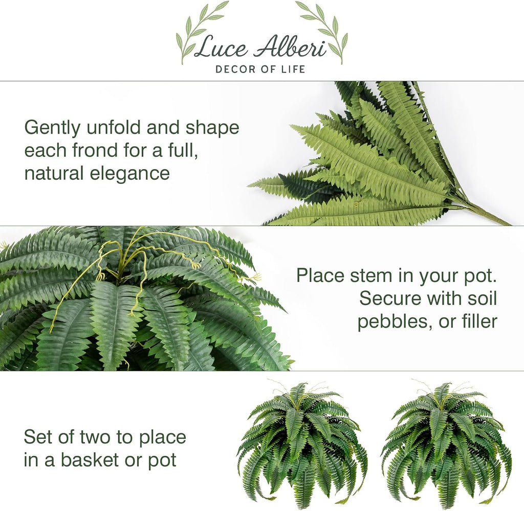 Artificial Boston Fern Bush - Set of 2 45Inch Fake Ferns with 55 Fronds, Large Hanging Faux Plants Decor, UV Resistant Faux Fern Vines Silk Greenery for Outdoor Indoor, Porch, Farms, Patio