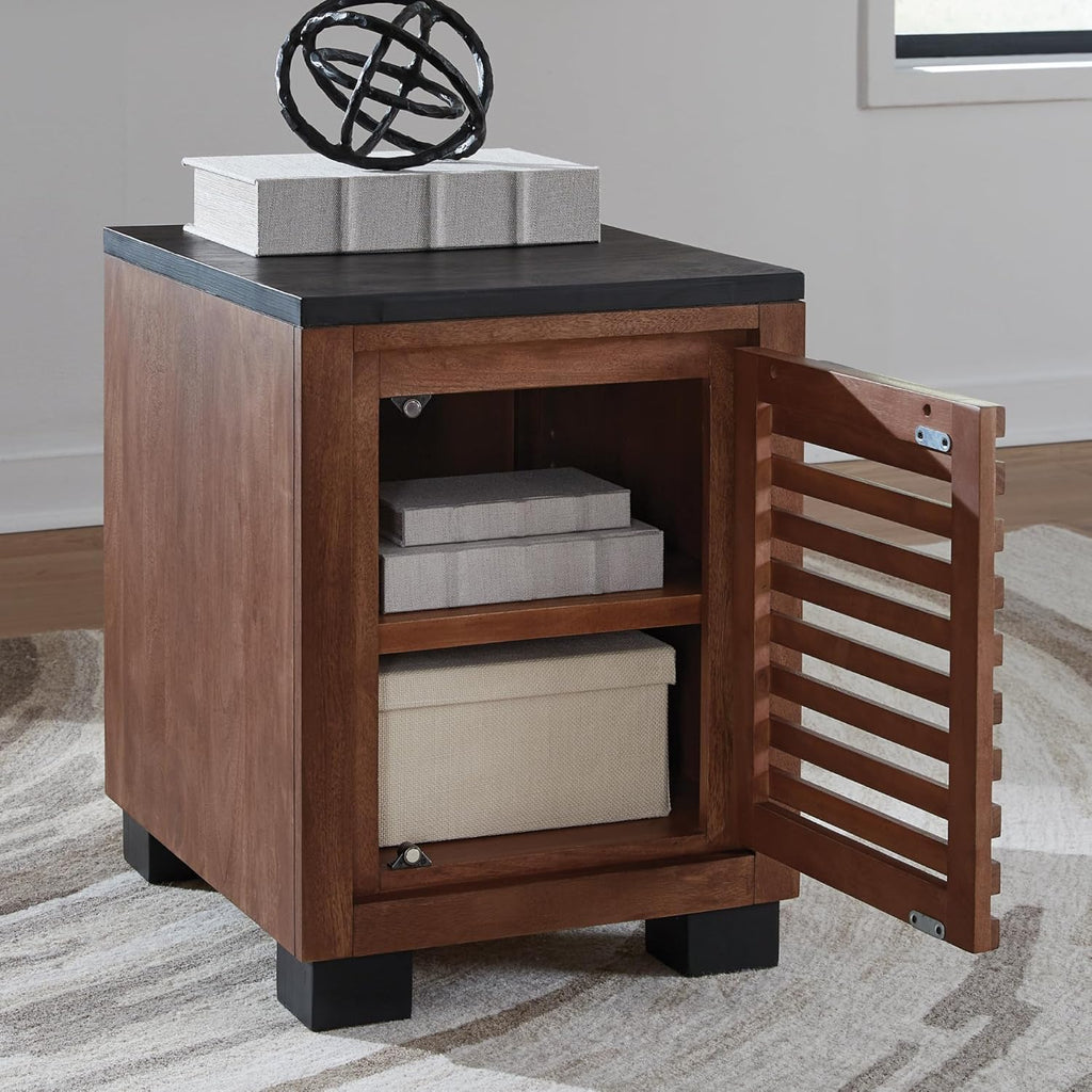 Signature Design by Ashley Kallari Industrial Chairside End Table with Cabinet and Shelf, Dark Brown & Black