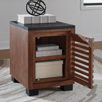 Signature Design by Ashley Kallari Industrial Chairside End Table with Cabinet and Shelf, Dark Brown & Black