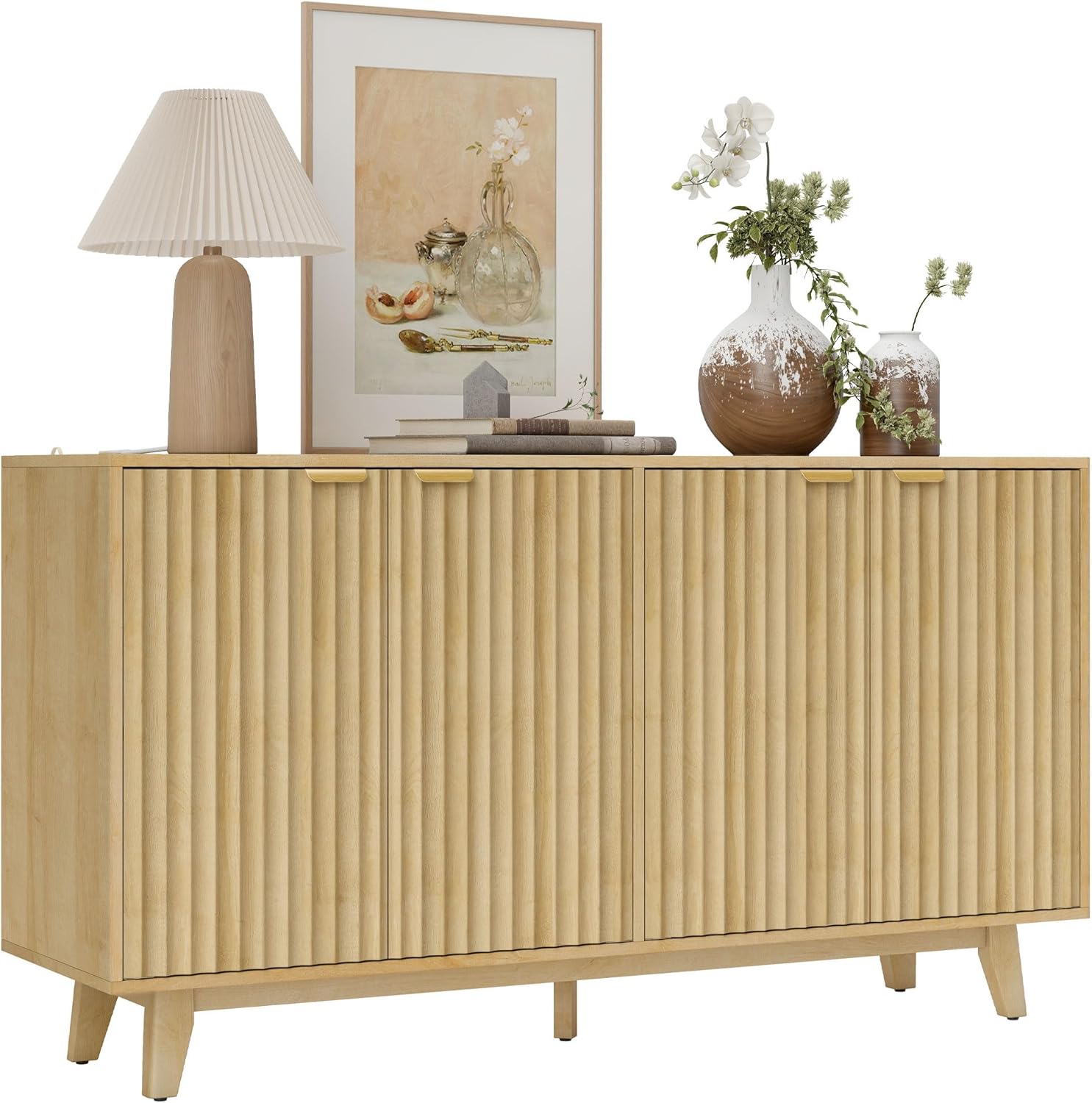 HOMCOM Fluted Sideboard Buffet Cabinet, 55" Modern Accent Console Cabinet with 4 Doors, 2 Adjustable Shelves and 5 Wood Legs, Oak