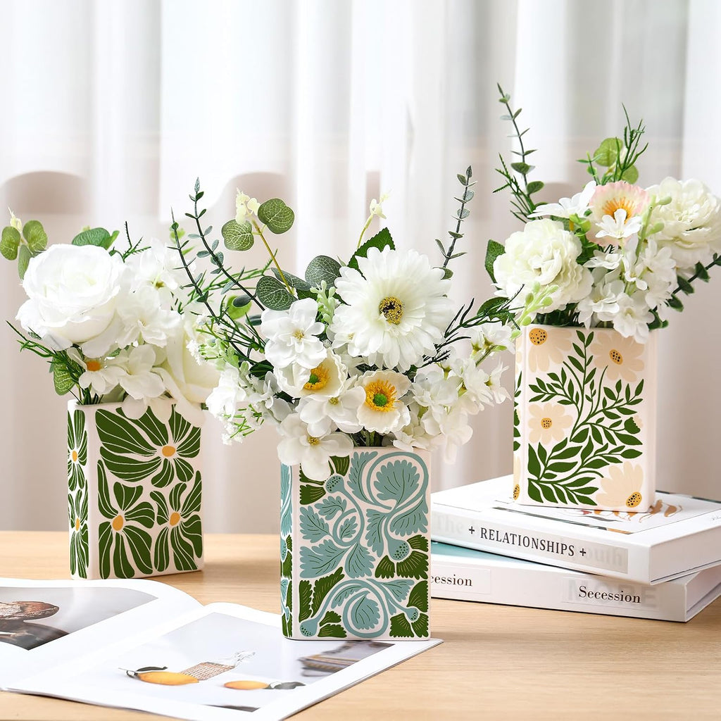 Honeydak 3 Set 5.9 Inch Book Shaped Vase Ready to Paint Your Own Ceramic Book Flowers Vase Ceramics to Paint DIY Unpainted Paintable Kit Crafts with Acrylic Brush Palette for Adults