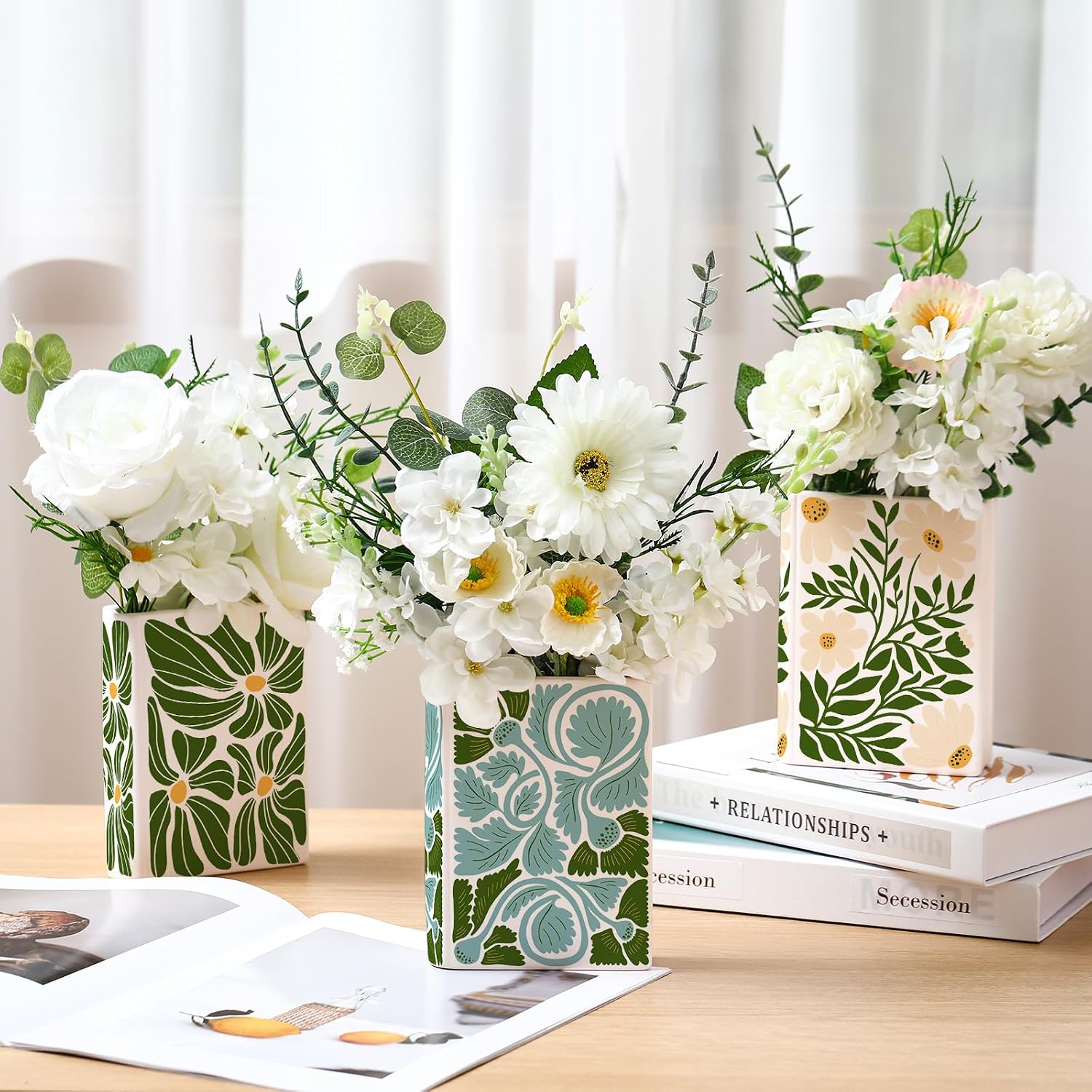 Honeydak 3 Set 5.9 Inch Book Shaped Vase Ready to Paint Your Own Ceramic Book Flowers Vase Ceramics to Paint DIY Unpainted Paintable Kit Crafts with Acrylic Brush Palette for Adults