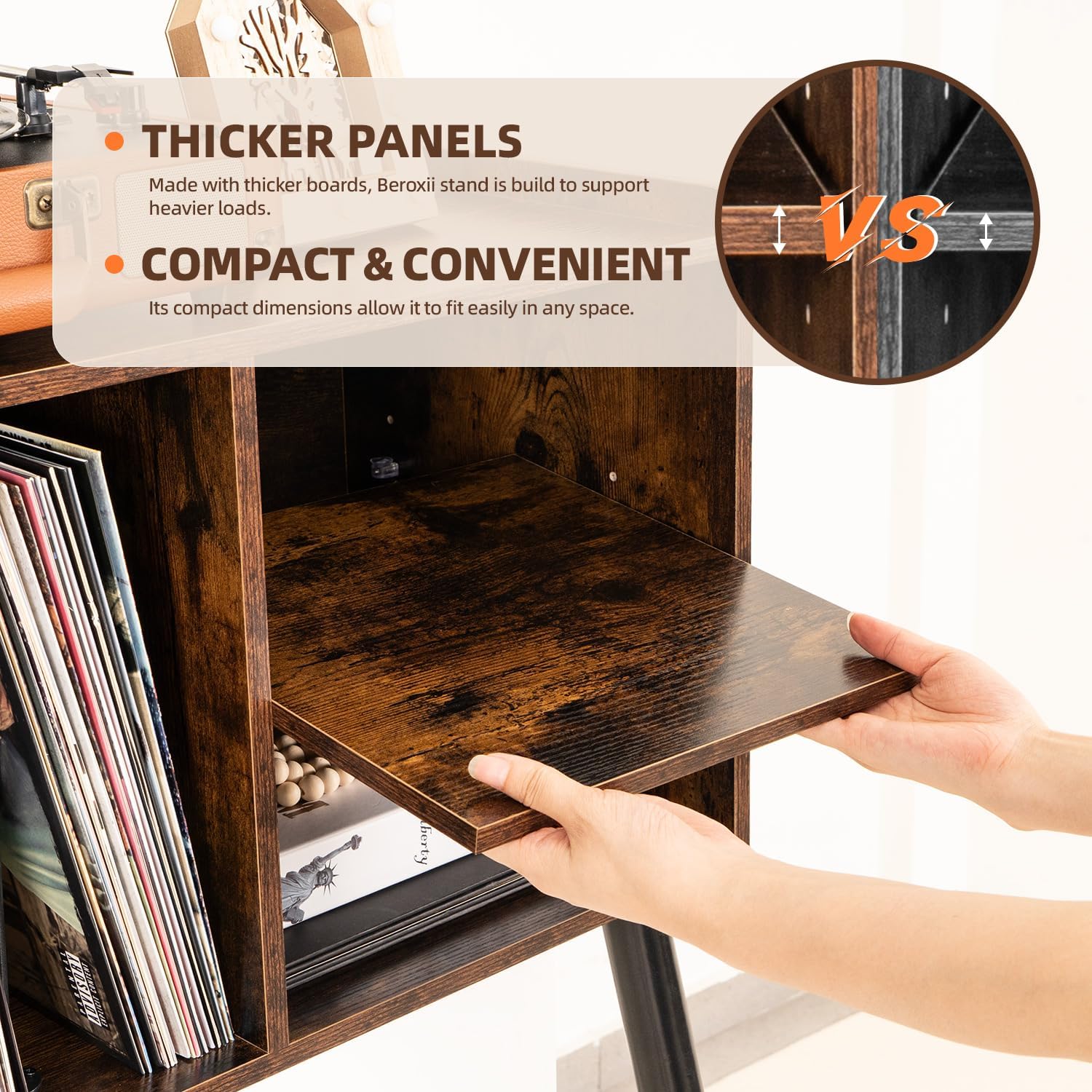 Record Player Table, Mid-Century Record Player Stand with Vinyl Storage Hold Up to 150+ Albums, Vinyl Record Cabinet with Adjustable Shelves, Wood Turntable Stand for Music Living Room (Brown)