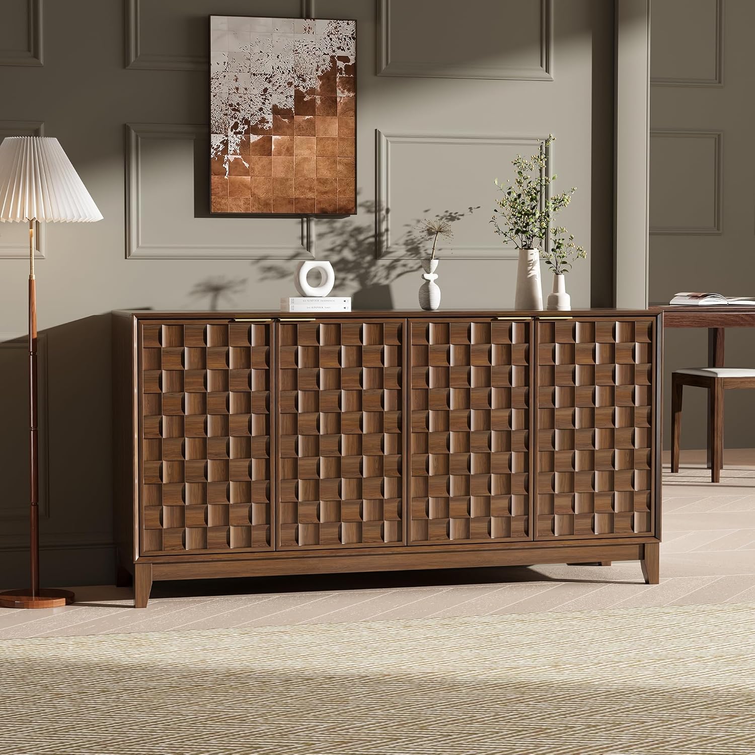 MALOL Fluted Sideboard Buffet Cabinet with Storage, 59" Wood Buffet Table with 4 3D-Checkerboard Doors & Adjustable Shelves, Kitchen Dining Room Coffee Bar Cabinet, Mid Century Modern Style, Walnut