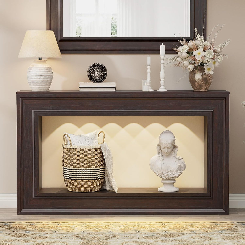 Rresyet Entryway Console Table 55" Long Narrow with LED Lights & Storage, 2-Tier Sofa Table, Farmhouse Cherry Accent for Hallway & Living Room, Space-Saving and Sturdy