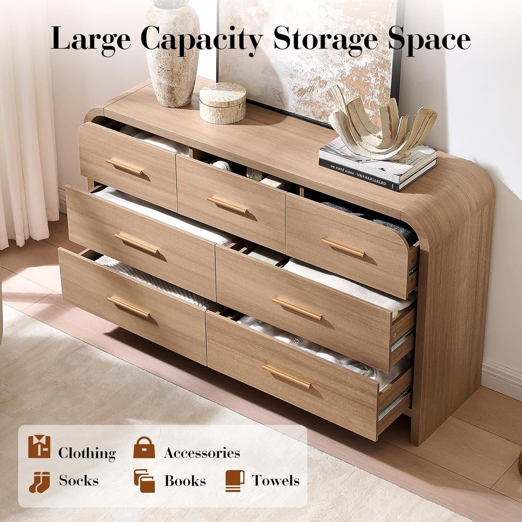 Curved 7 Drawer Dresser for Bedroom, 53.82'' Wide Chest of Drawers, Modern Storage Cabinet for Hallway & Living Room TV Stand, FSC Certified 1.18" Thick Board, 100 lbs Top Weight, Oak
