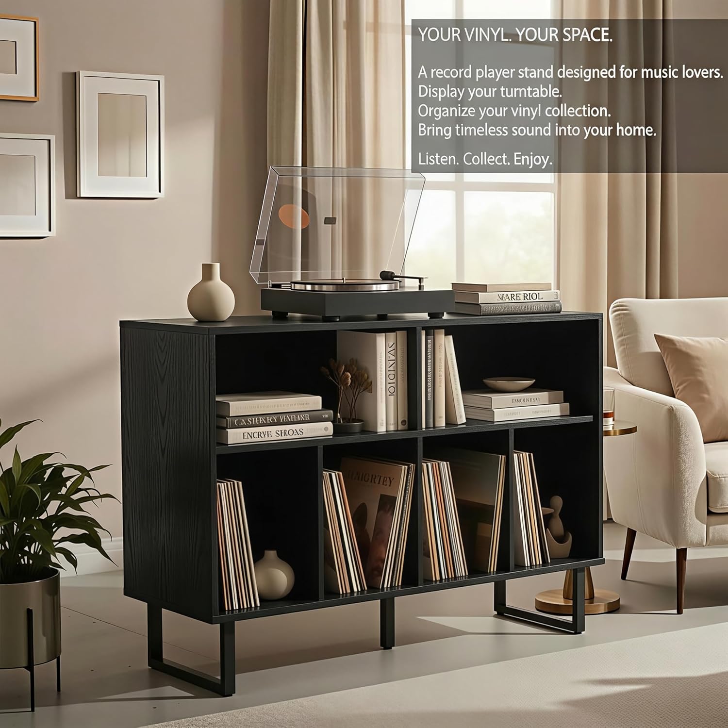 Large Record Player Stand with Storage 1000+ Albums, Mid Century Modern Turntable Stand Cabinet, Record Player Table Media Console TV Stand Bookshelf for Living Room, Black Walnut