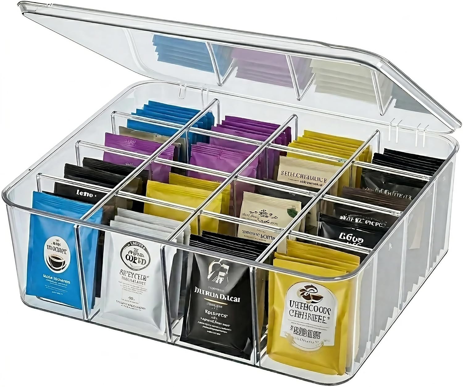 Tea Bags Organizer: Extra Large Tea Bag Holder with Lid - Drink Packets Organizer for Cabinet, Counter, Countertop, TeaBag Holder for 16 Different Types (Large)