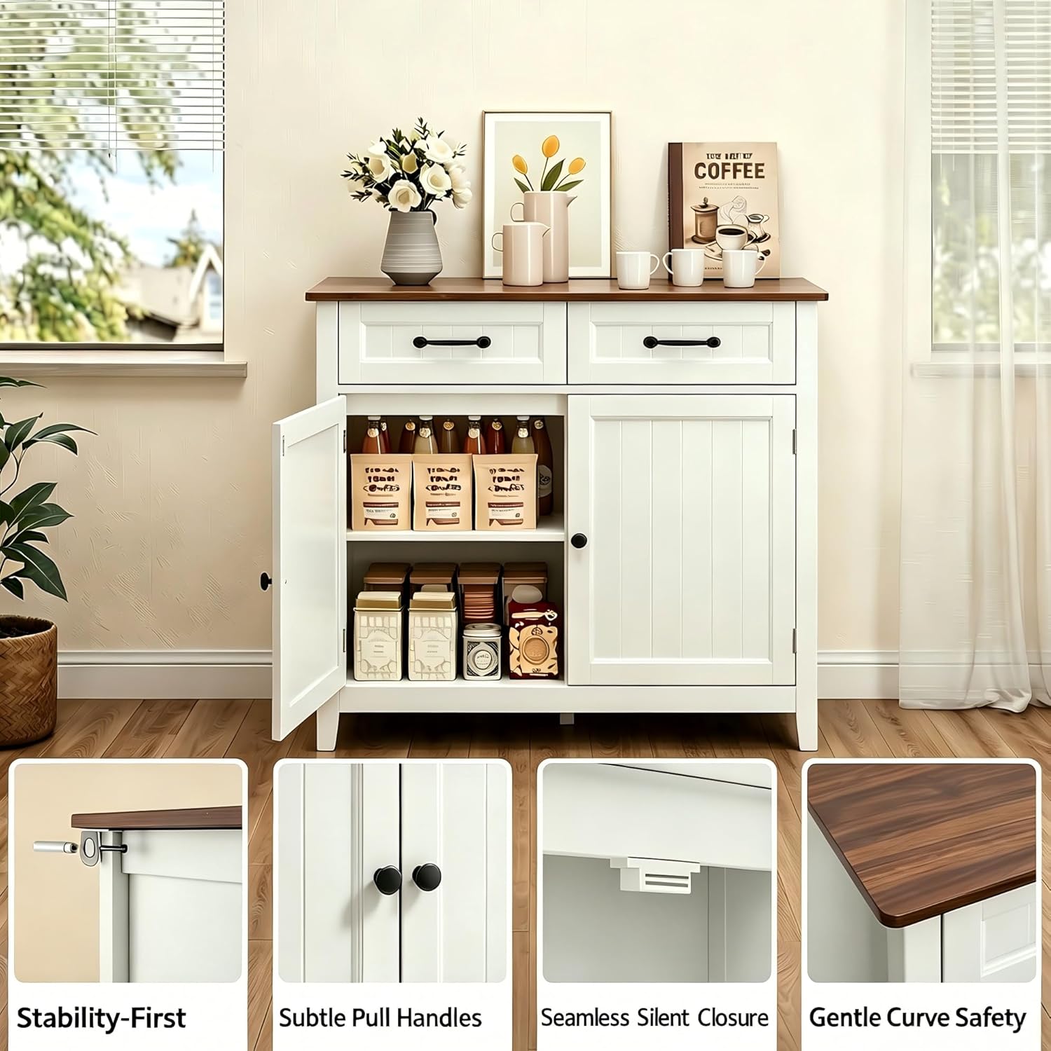 Bealife 32" Buffet Cabinet, Kitchen Island with Storage, Coffee Bar Cabinet with 2 Drawers and Adjustable Shelf, Kitchen Storage Cabinet for Dining Room, Living Room, Entryway (Retro)