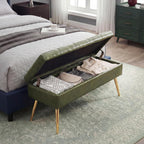 SNOWDROP 40" Upholstered Storage Bench – Vintage Olive Green End of Bed Bench with Gold Metal Legs, Button-Tufted Modern Faux Leather Ottoman Bench for Bedroom, Entryway & Living Room