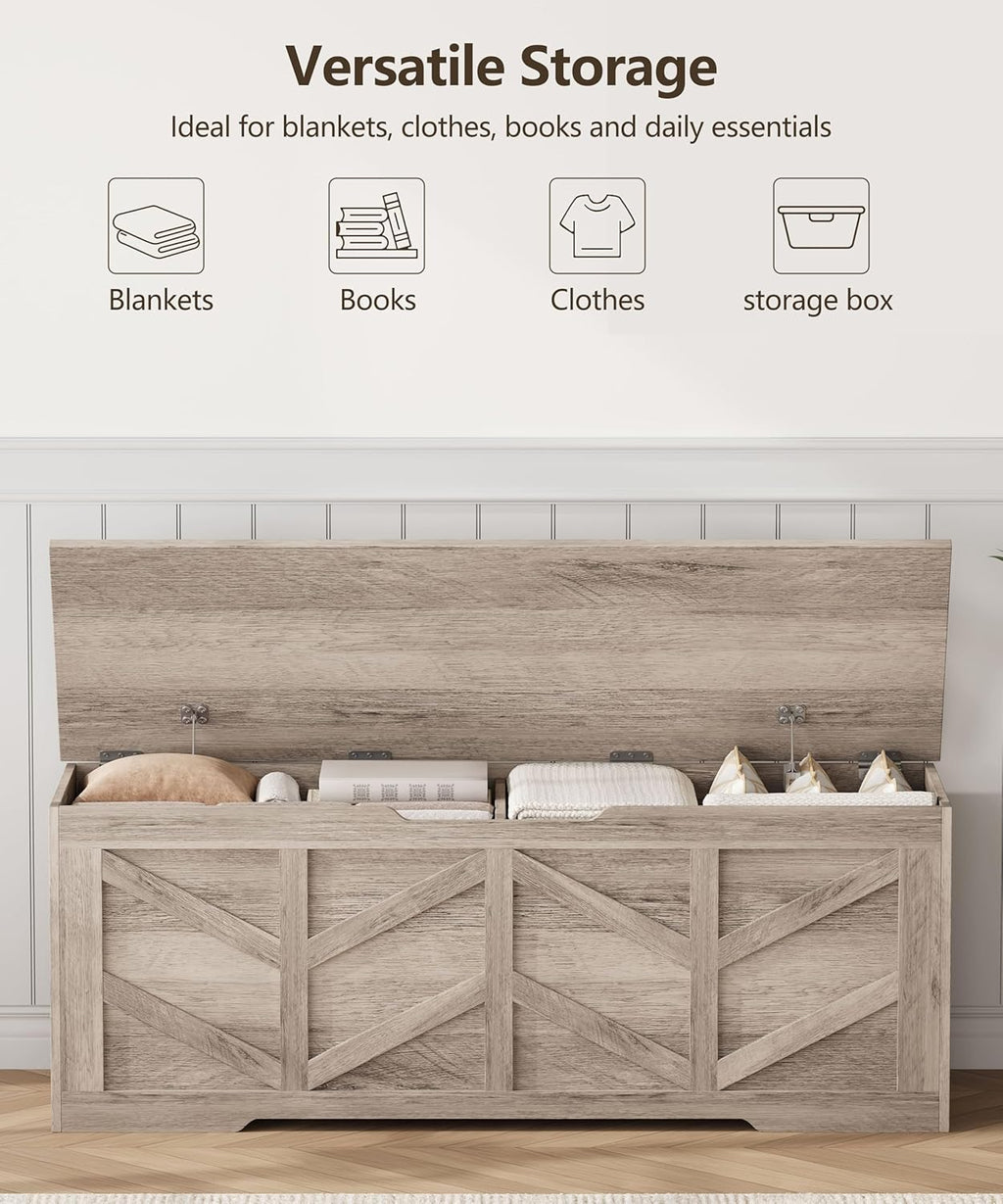 51.2" Storage Chest, Extra Large Storage Bench with 2 Safety Hinges, Storage Trunk Supports 330 lb, Wooden Blanket Storage for Bedroom, livingroom, entryway, Greige