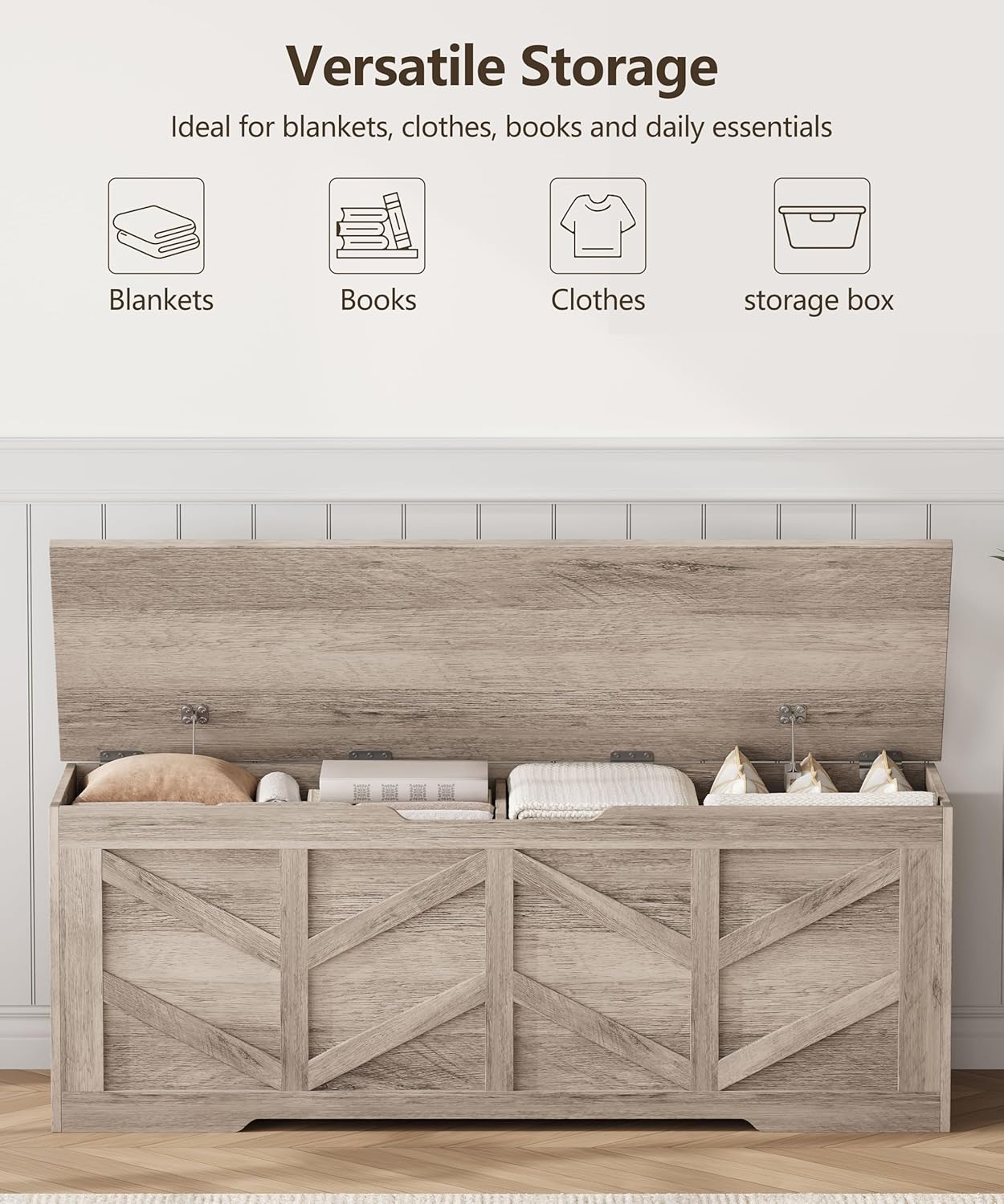 51.2" Storage Chest, Extra Large Storage Bench with 2 Safety Hinges, Storage Trunk Supports 330 lb, Wooden Blanket Storage for Bedroom, livingroom, entryway, Greige